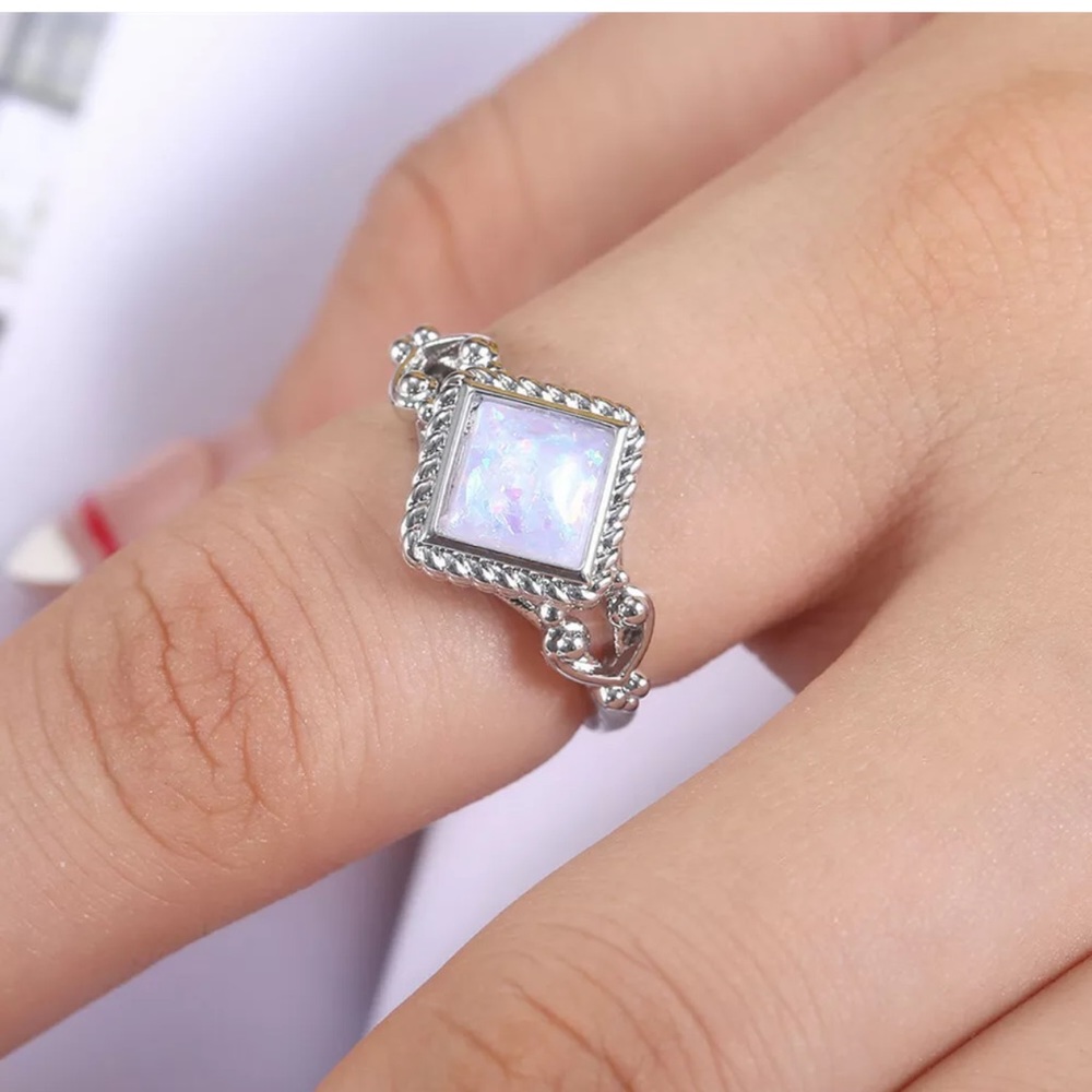 925 Silver Jewelry Princess Cut Opal Wedding Ring - Picture 4 of 8